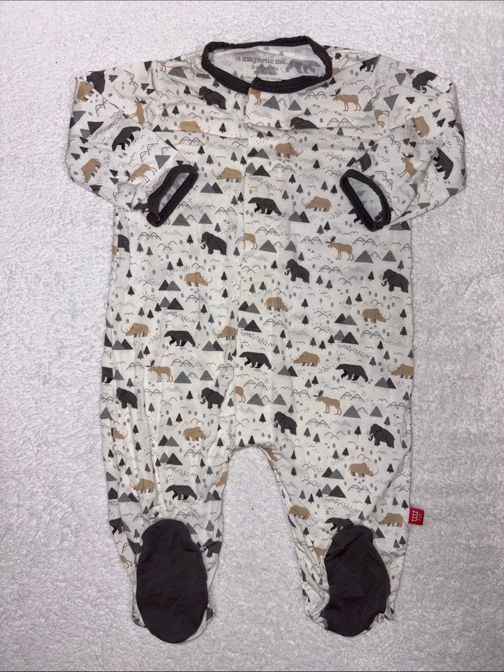 Magnetic Me Cream Footed One-Piece with Brown and Black Woodland Print 3/6m Euc
